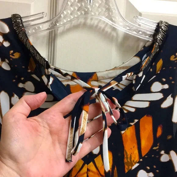 Abstract “Monarch Butterfly” Pattern Sleeveless Top with Shark Bite Hem - Picture 3 of 7